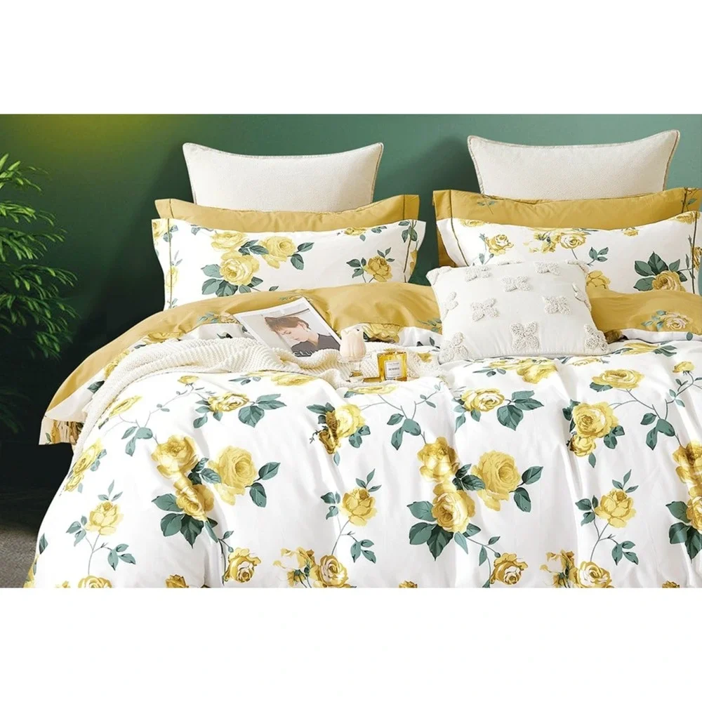 Anastasia Yellow Rose 100% Cotton Reversible Duvet‎ Cover Set Queen/Full